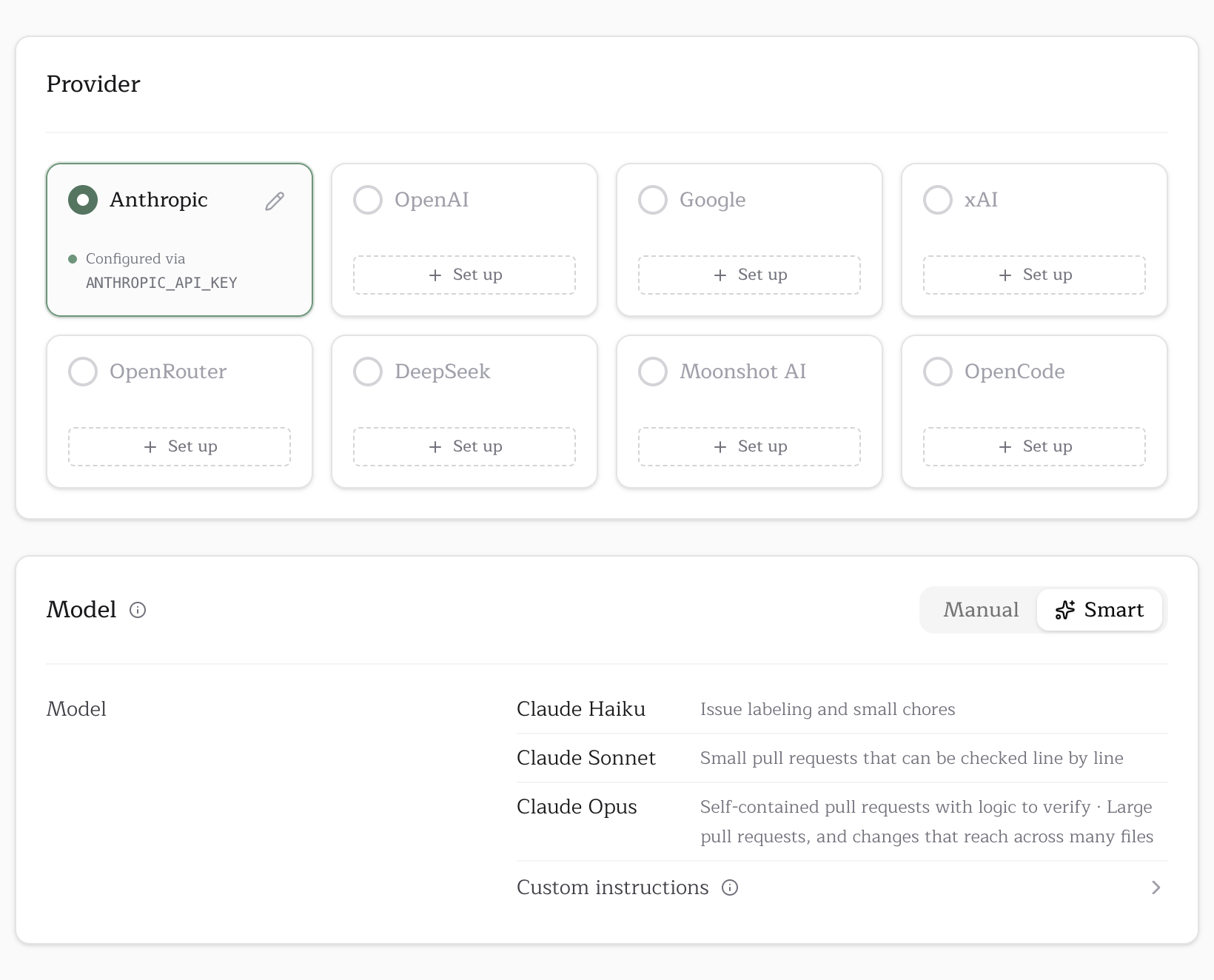 The Provider and Model cards in the Pullfrog console