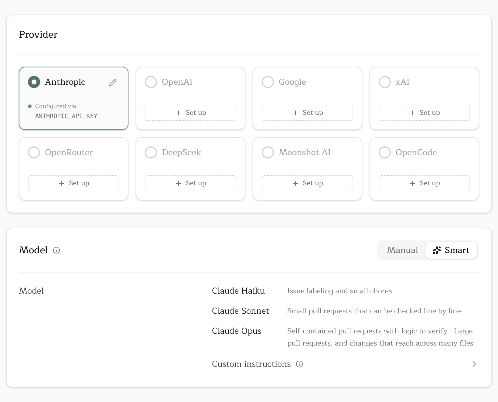 The Provider and Model cards in the Pullfrog console