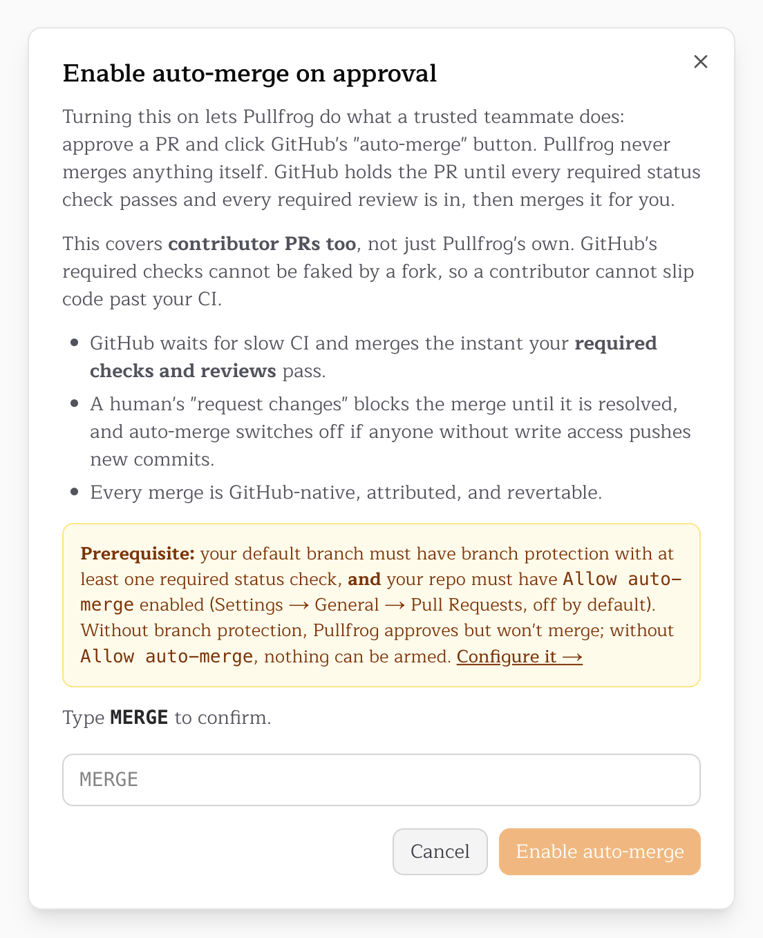The Enable auto-merge on approval dialog, which asks for MERGE to confirm