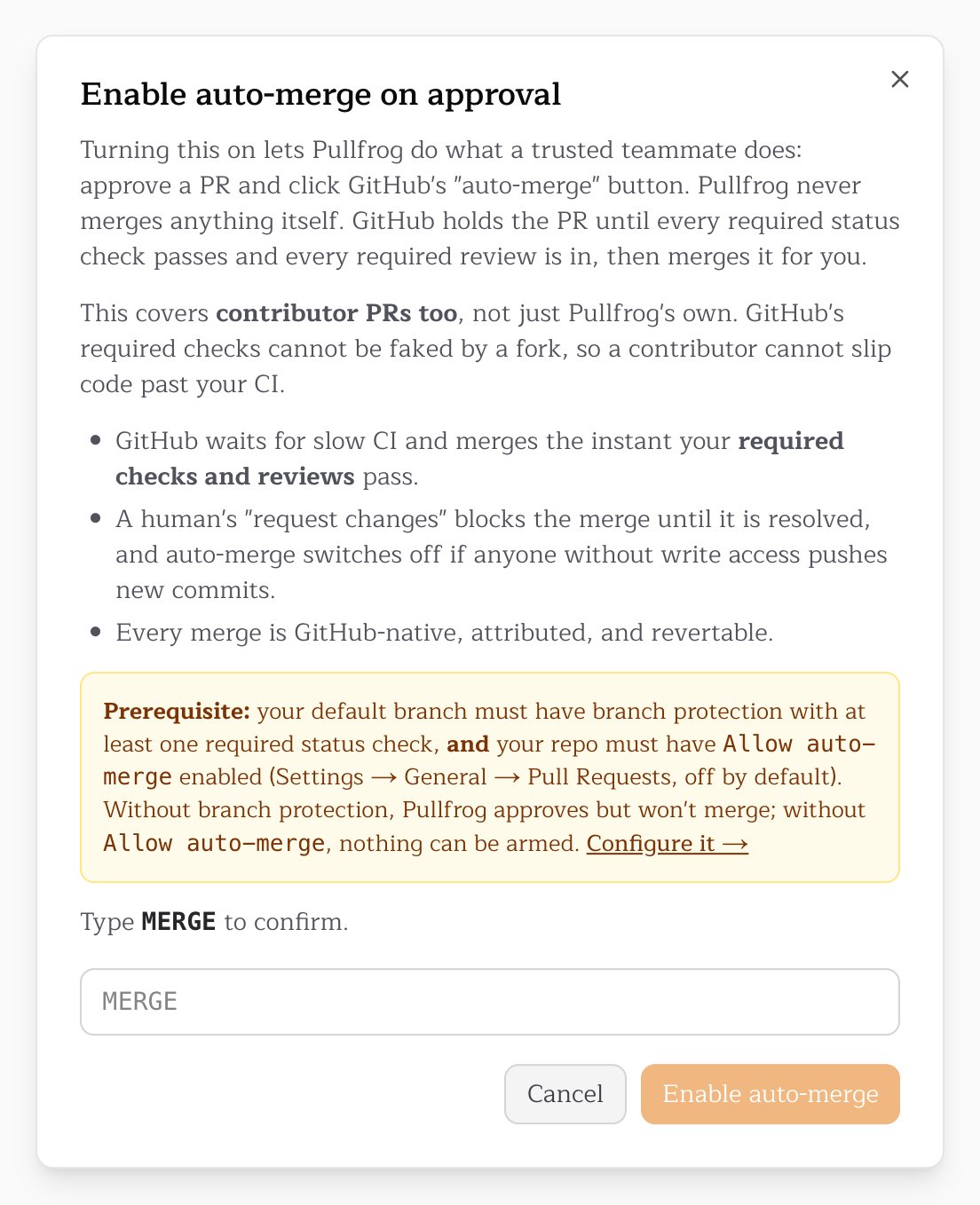 The Enable auto-merge on approval dialog, which asks for MERGE to confirm