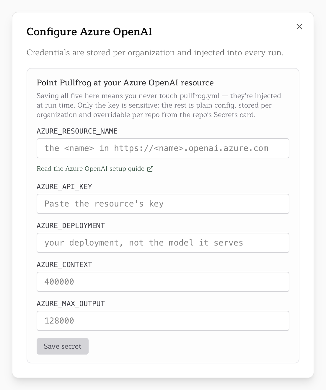 The Configure Azure OpenAI dialog with its five fields