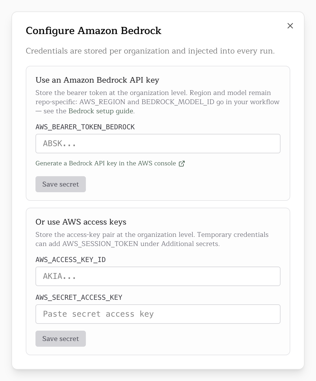The Configure Amazon Bedrock dialog with the bearer token and access key fields