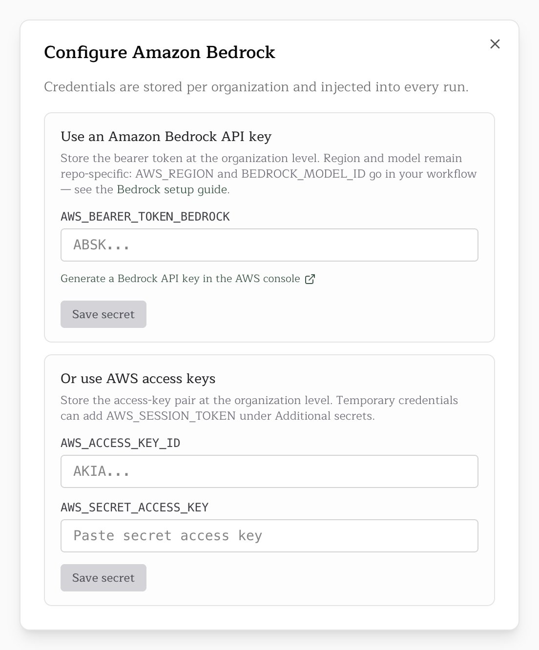 The Configure Amazon Bedrock dialog with the bearer token and access key fields