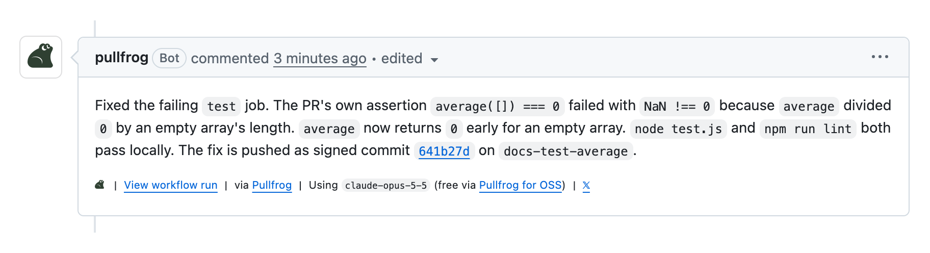 Pullfrog's comment after fixing a failing test job on a pull request