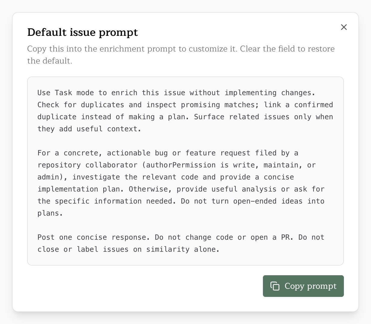 The Default issue prompt dialog with its Copy prompt button