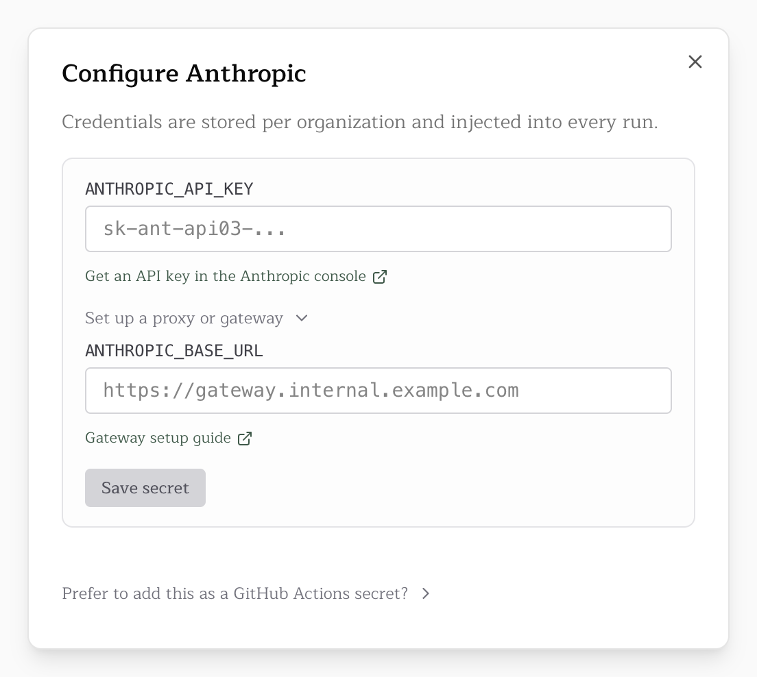 The Configure Anthropic dialog with Set up a proxy or gateway expanded to ANTHROPIC_BASE_URL