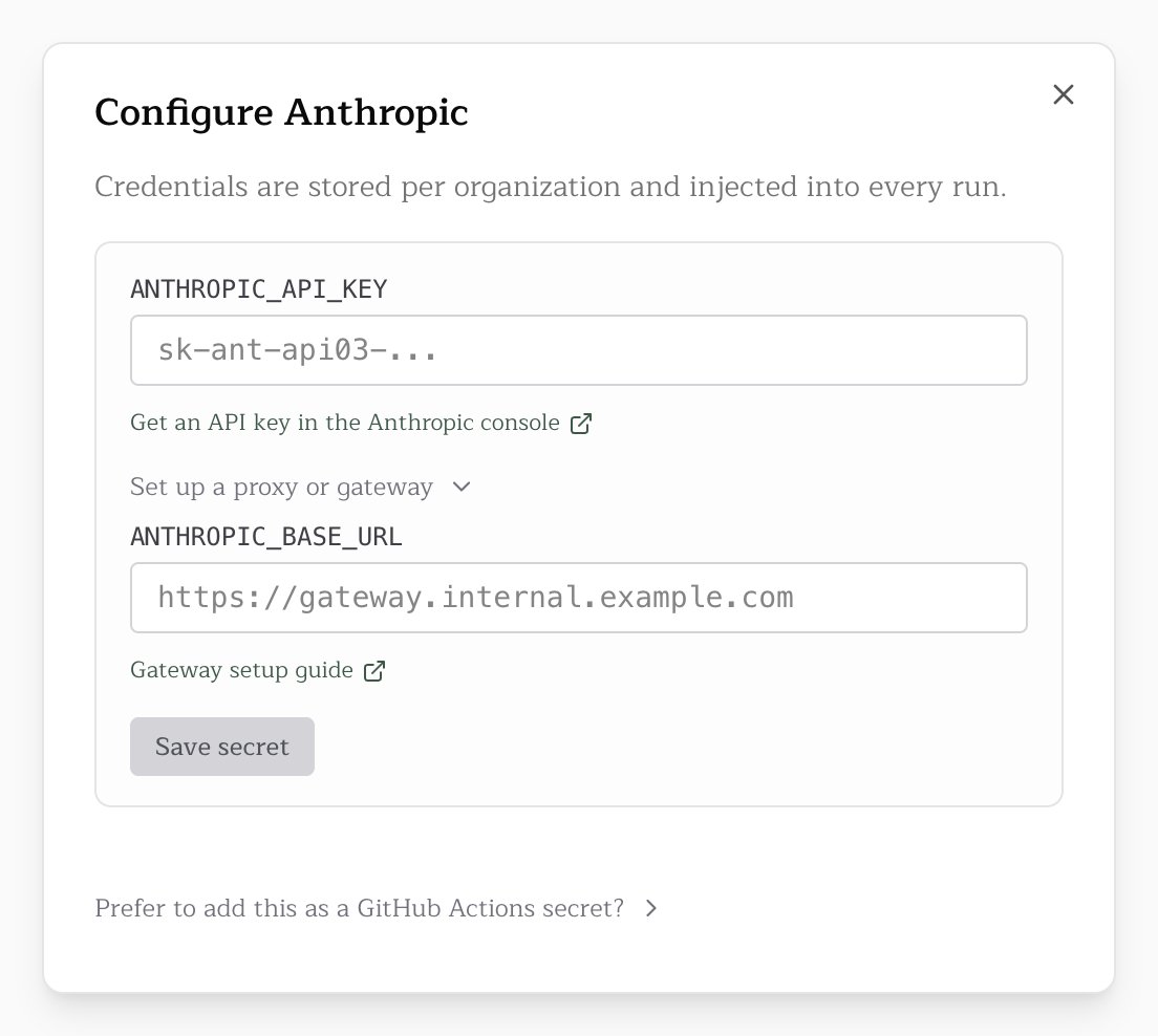 The Configure Anthropic dialog with Set up a proxy or gateway expanded to ANTHROPIC_BASE_URL