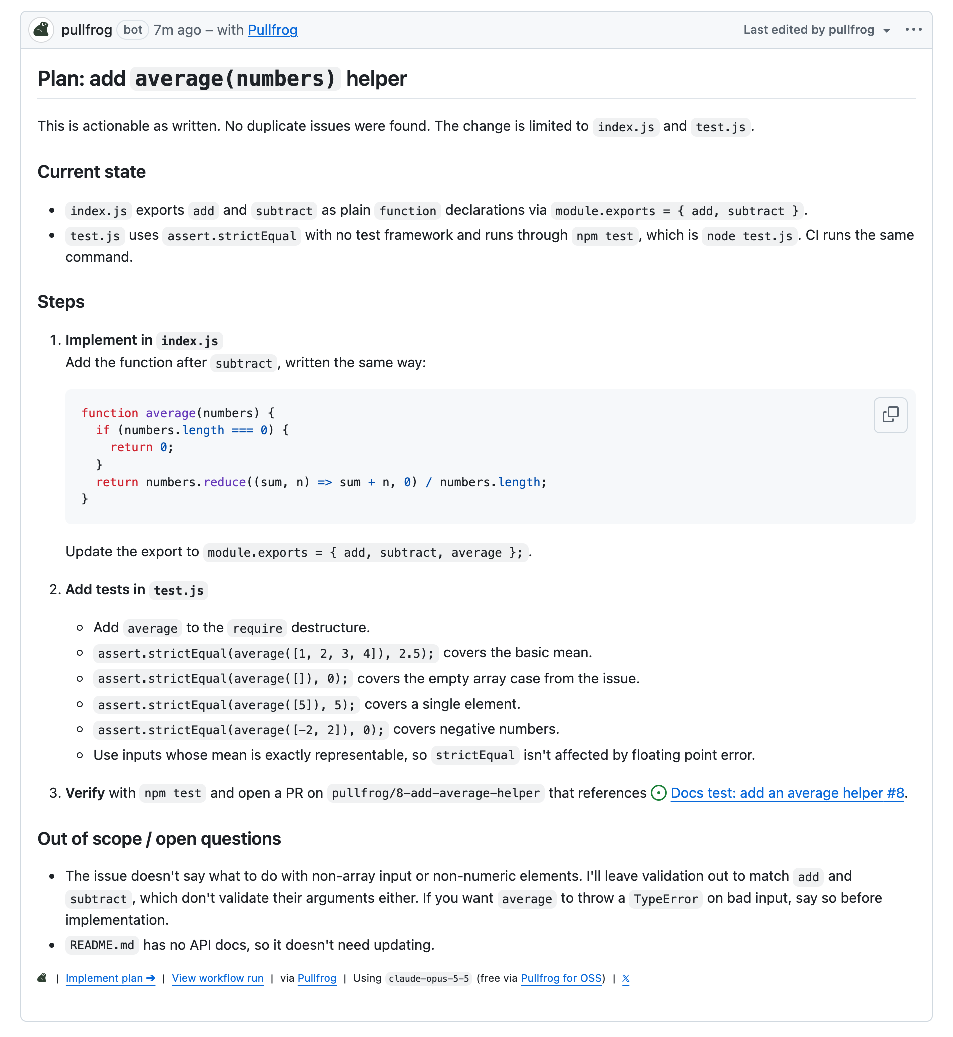 A Pullfrog enrichment reply on a new issue: no duplicates found, and an implementation plan with an Implement plan link