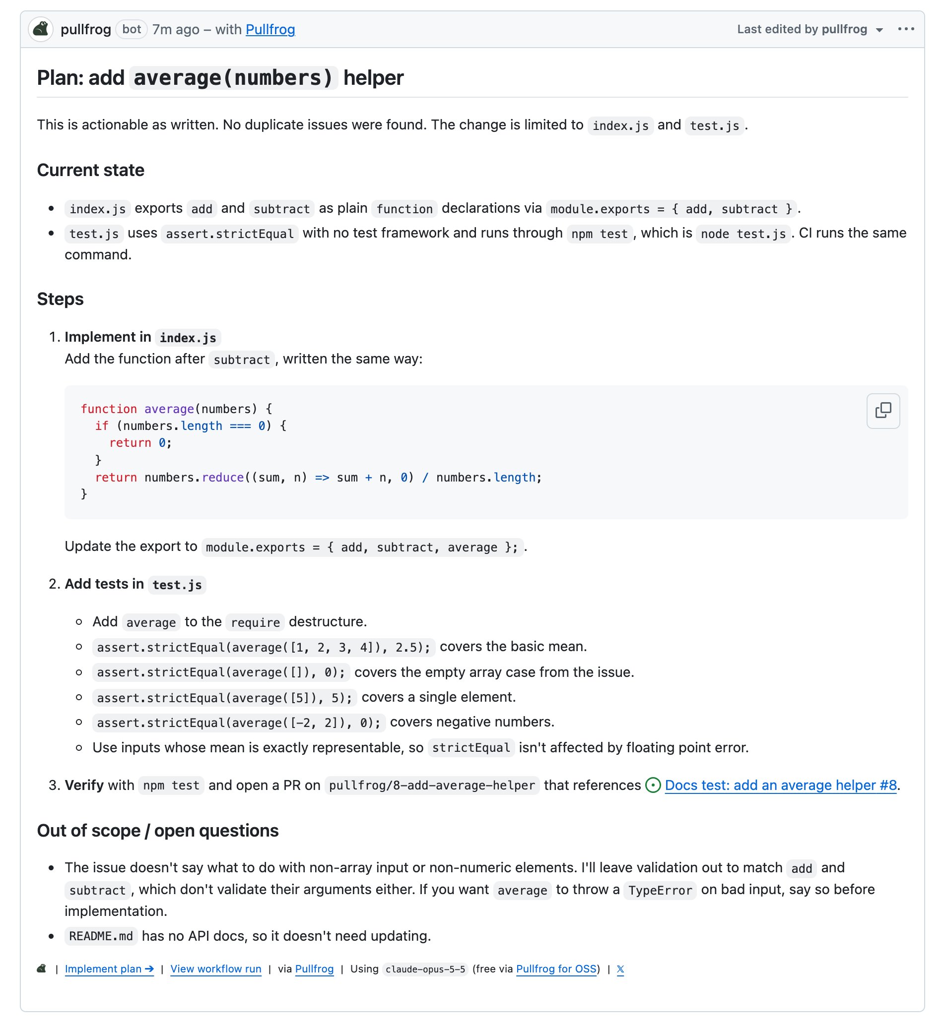 A Pullfrog enrichment reply on a new issue: no duplicates found, and an implementation plan with an Implement plan link