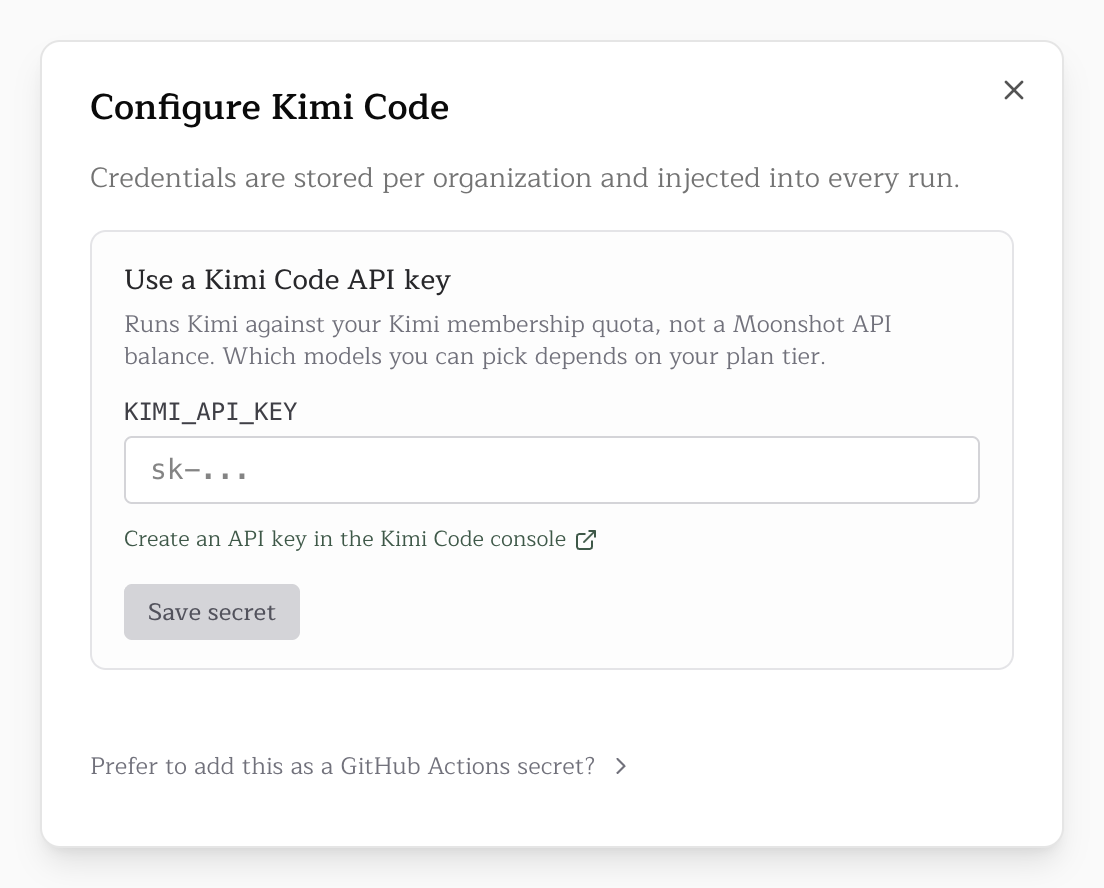 The Configure Kimi Code dialog with the KIMI_API_KEY field
