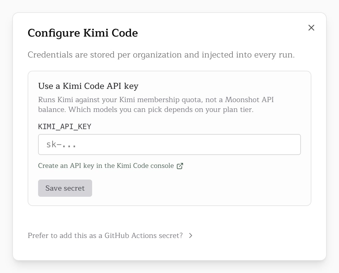 The Configure Kimi Code dialog with the KIMI_API_KEY field