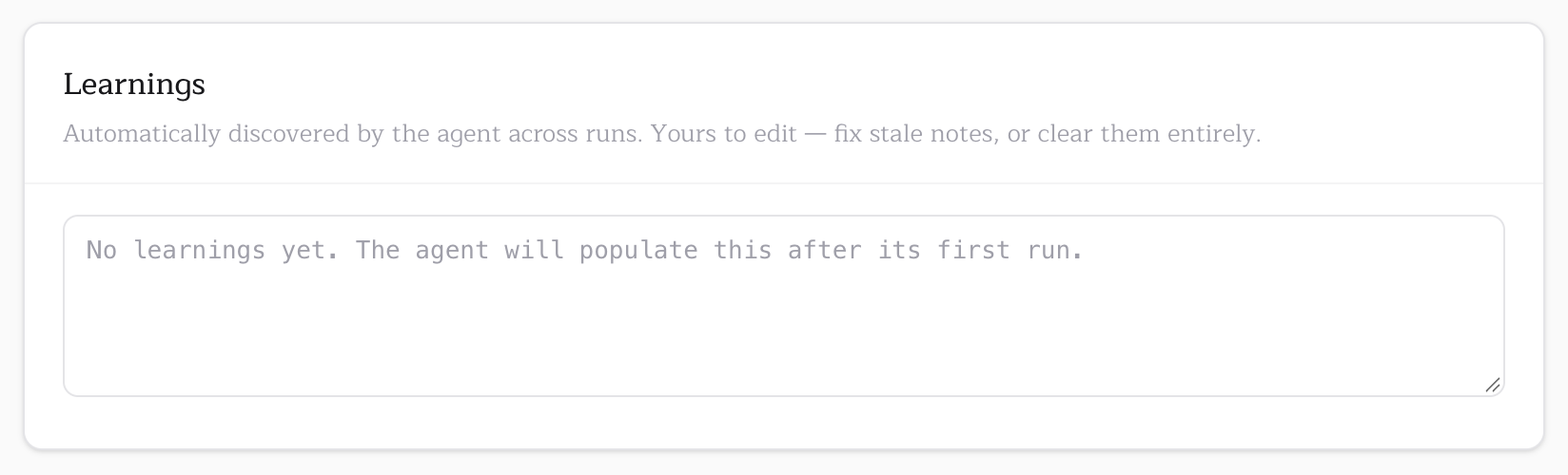 The Learnings card in the repository console