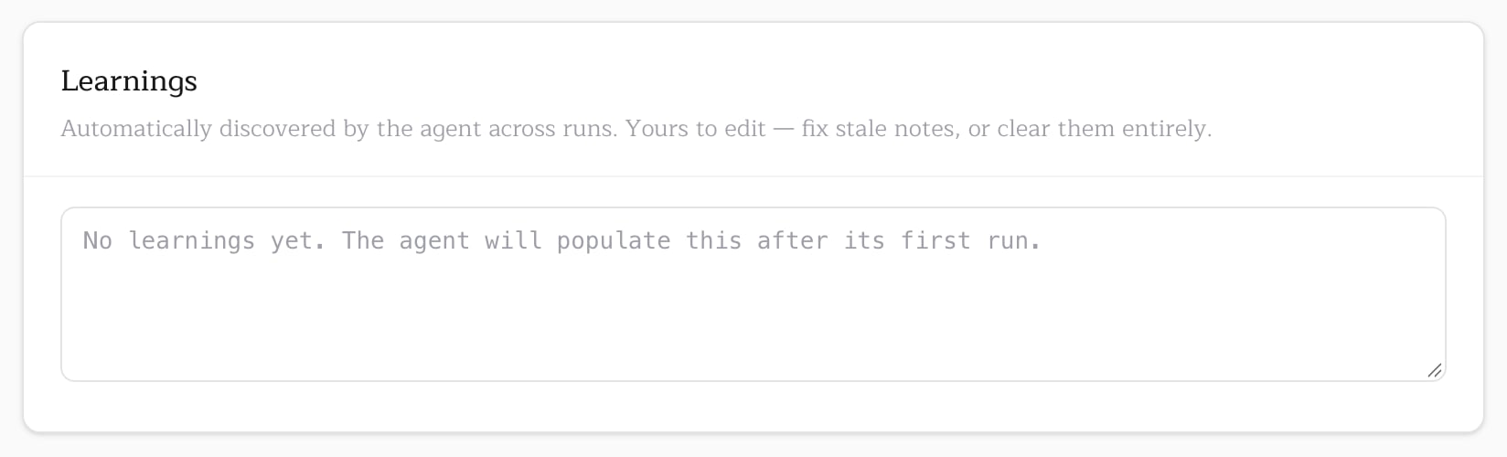 The Learnings card in the repository console