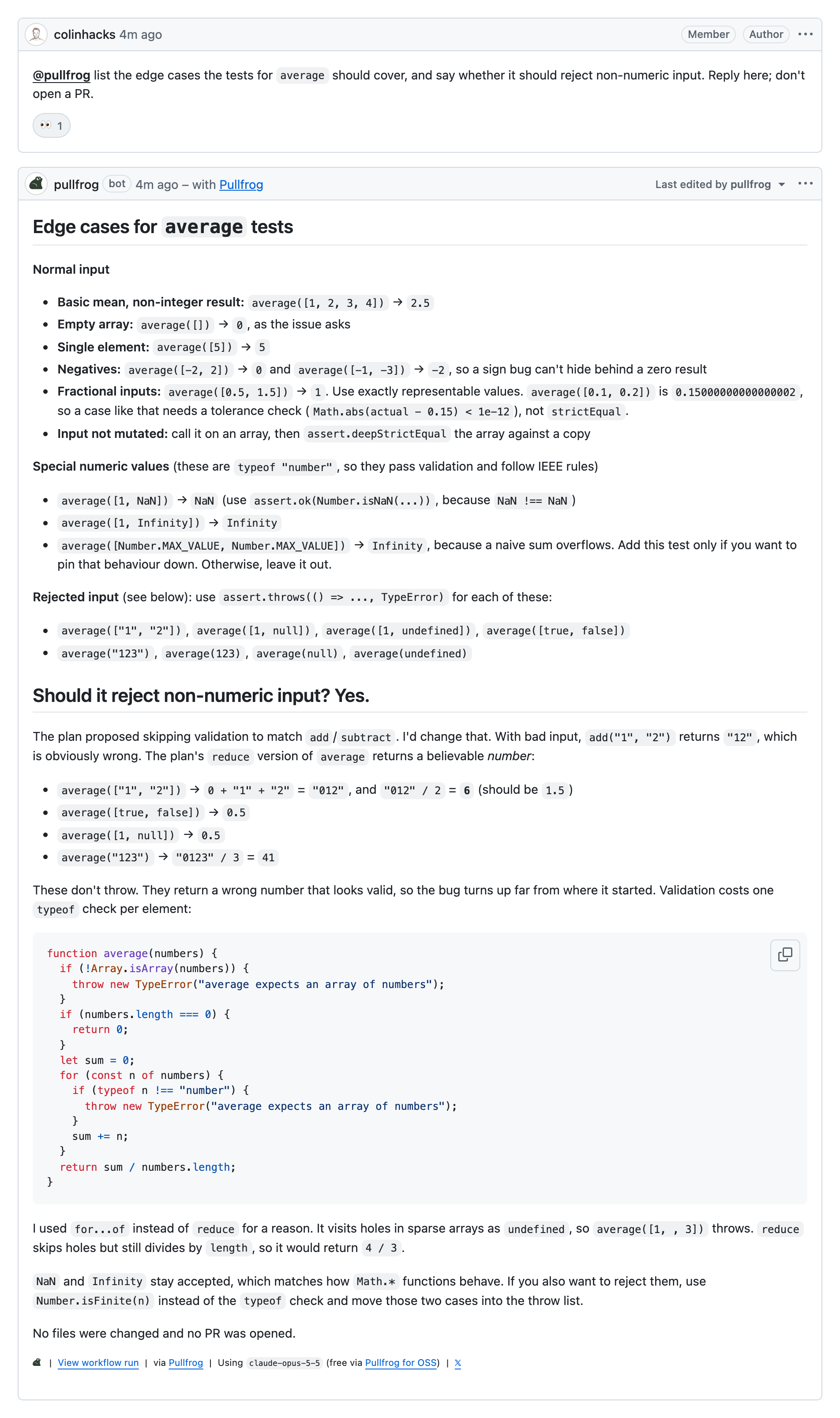 An @pullfrog mention on an issue and Pullfrog's reply in the same thread