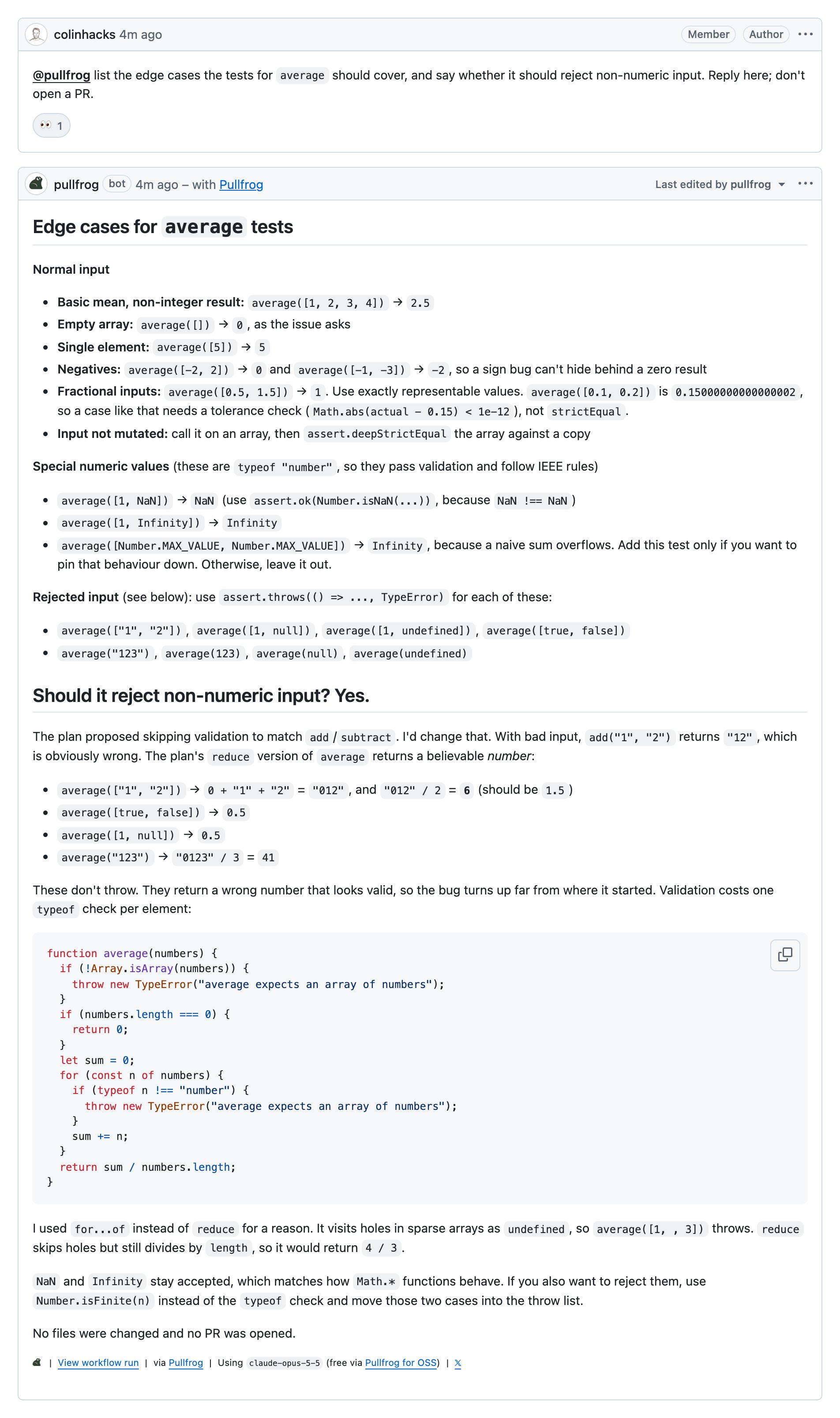 An @pullfrog mention on an issue and Pullfrog's reply in the same thread