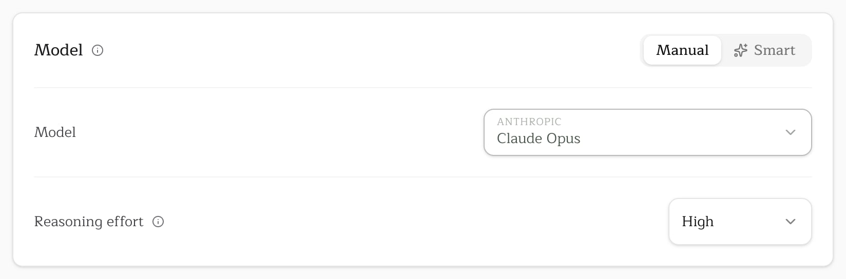 The Model card on Manual with Claude Opus pinned and Reasoning effort set to High