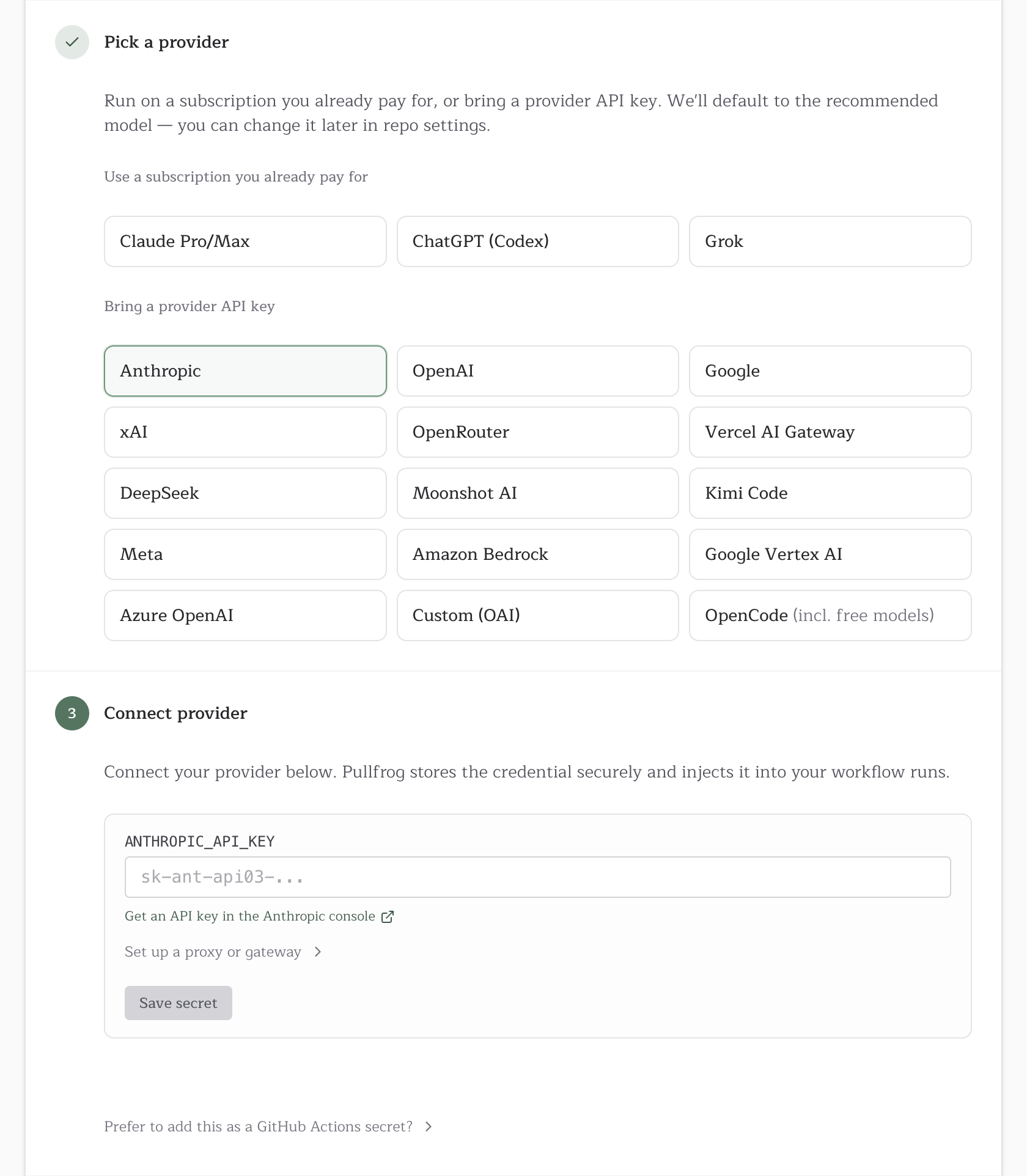 The Pick a provider and Connect provider steps of console onboarding