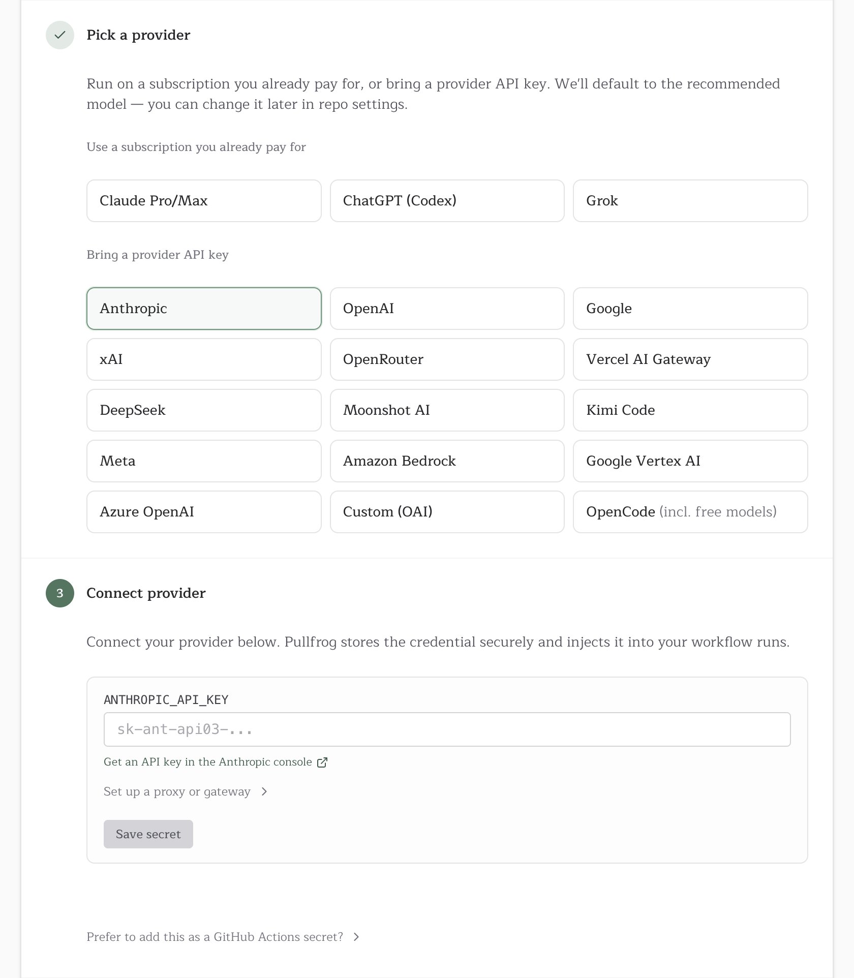 The Pick a provider and Connect provider steps of console onboarding