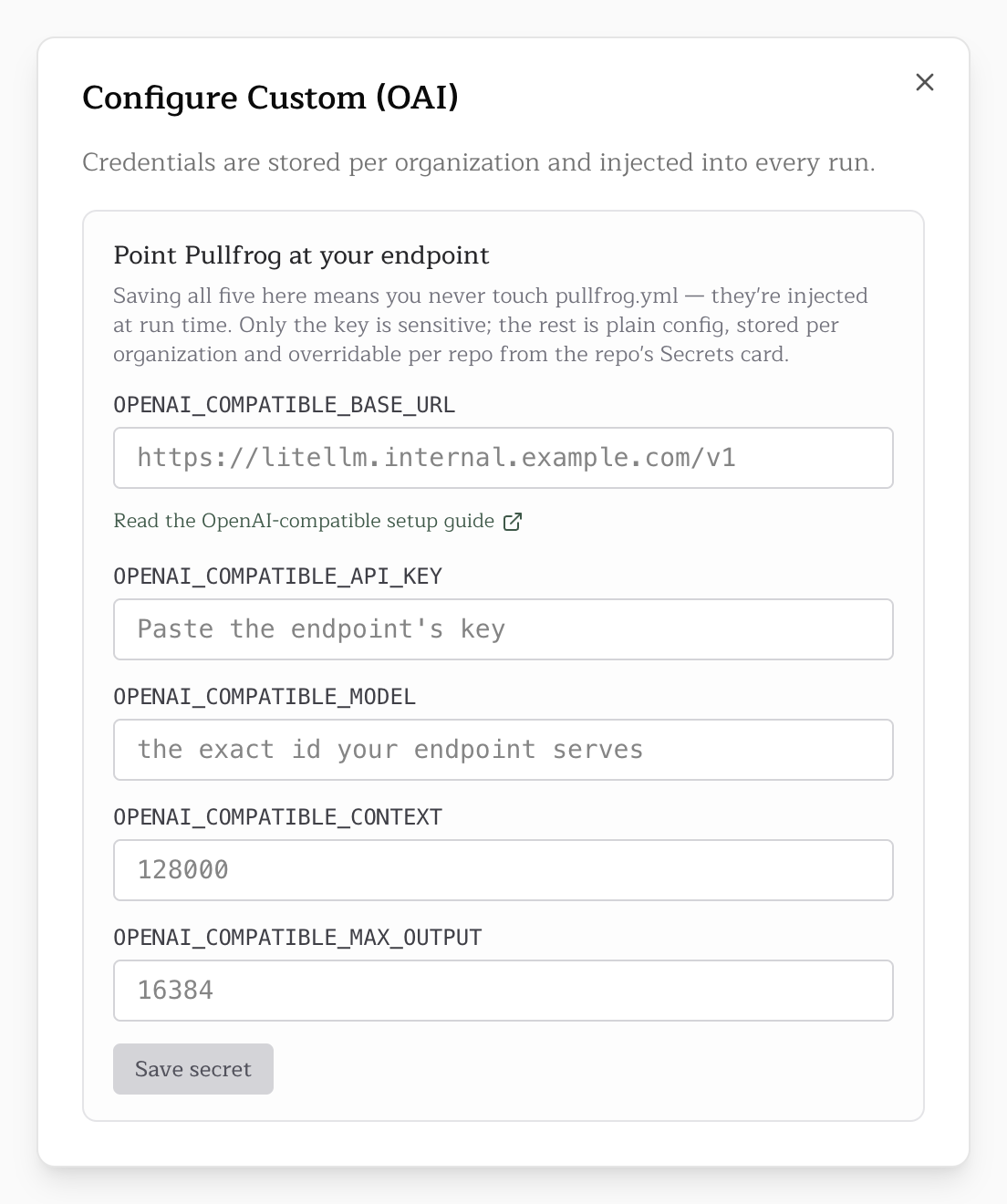 The Configure Custom (OAI) dialog with its five fields