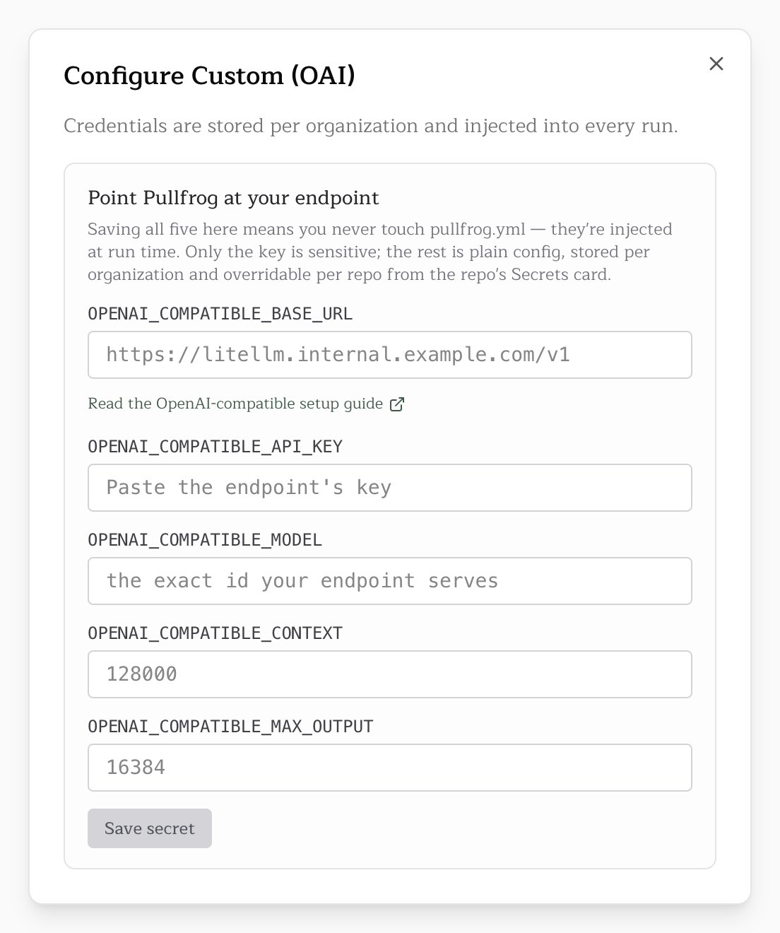 The Configure Custom (OAI) dialog with its five fields