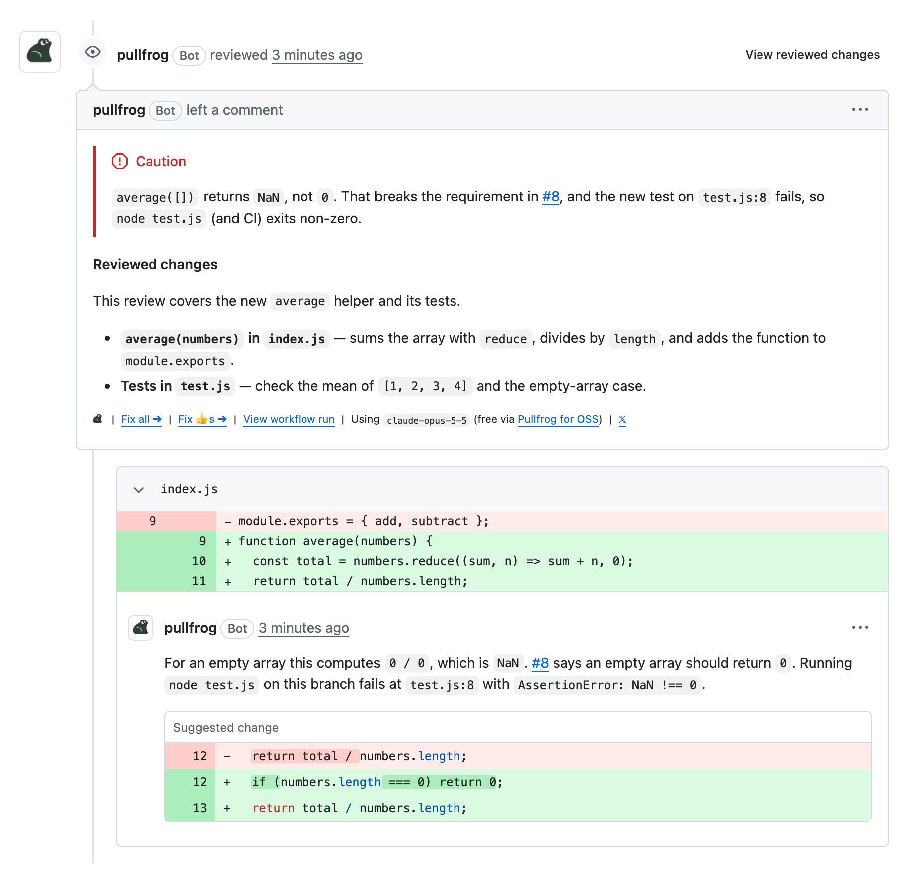 A Pullfrog review with a summary, the Fix all and Fix 👍s links, and an inline comment carrying a suggested change