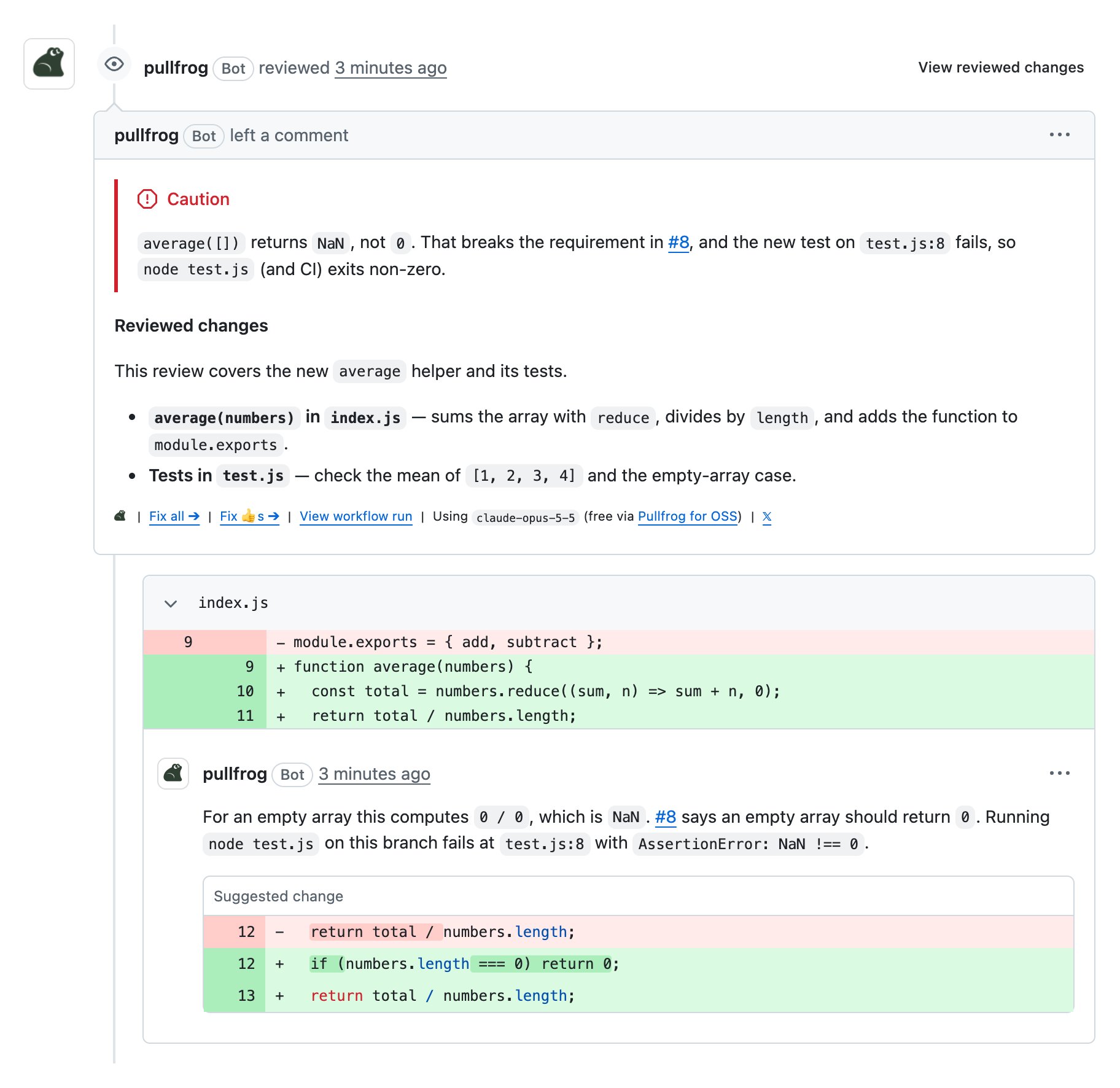 A Pullfrog review with a summary, the Fix all and Fix 👍s links, and an inline comment carrying a suggested change
