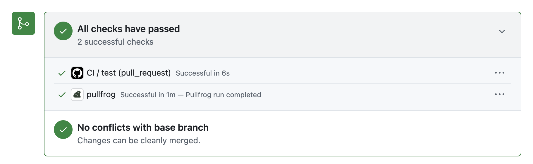 The pullfrog check passing in a pull request's merge box