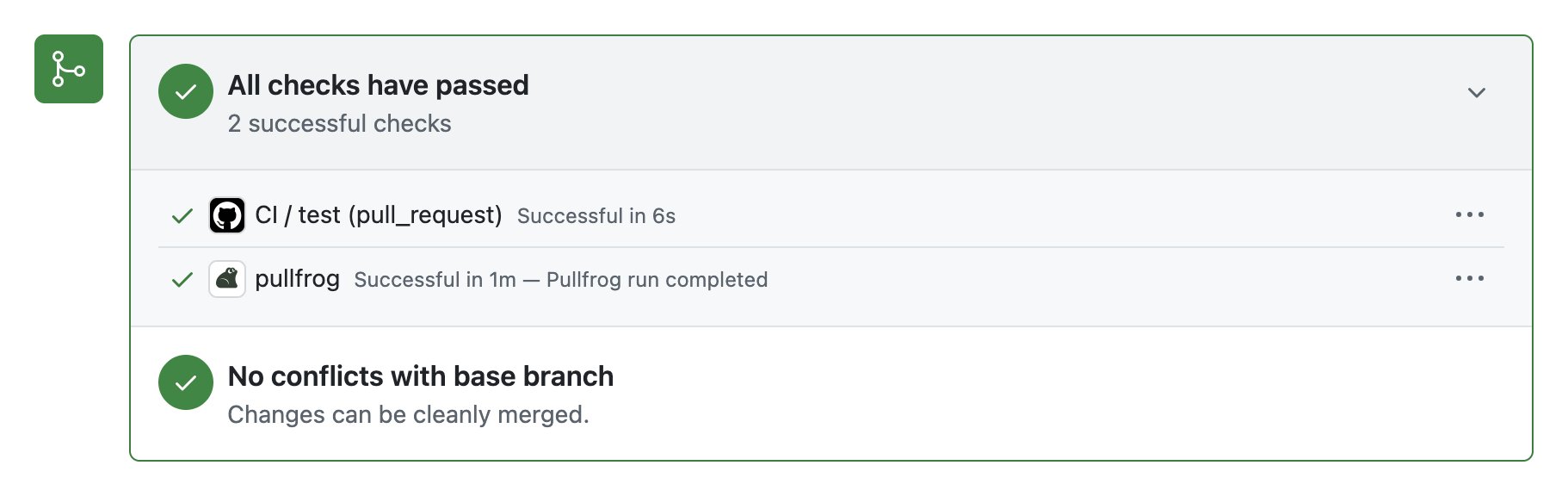 The pullfrog check passing in a pull request's merge box