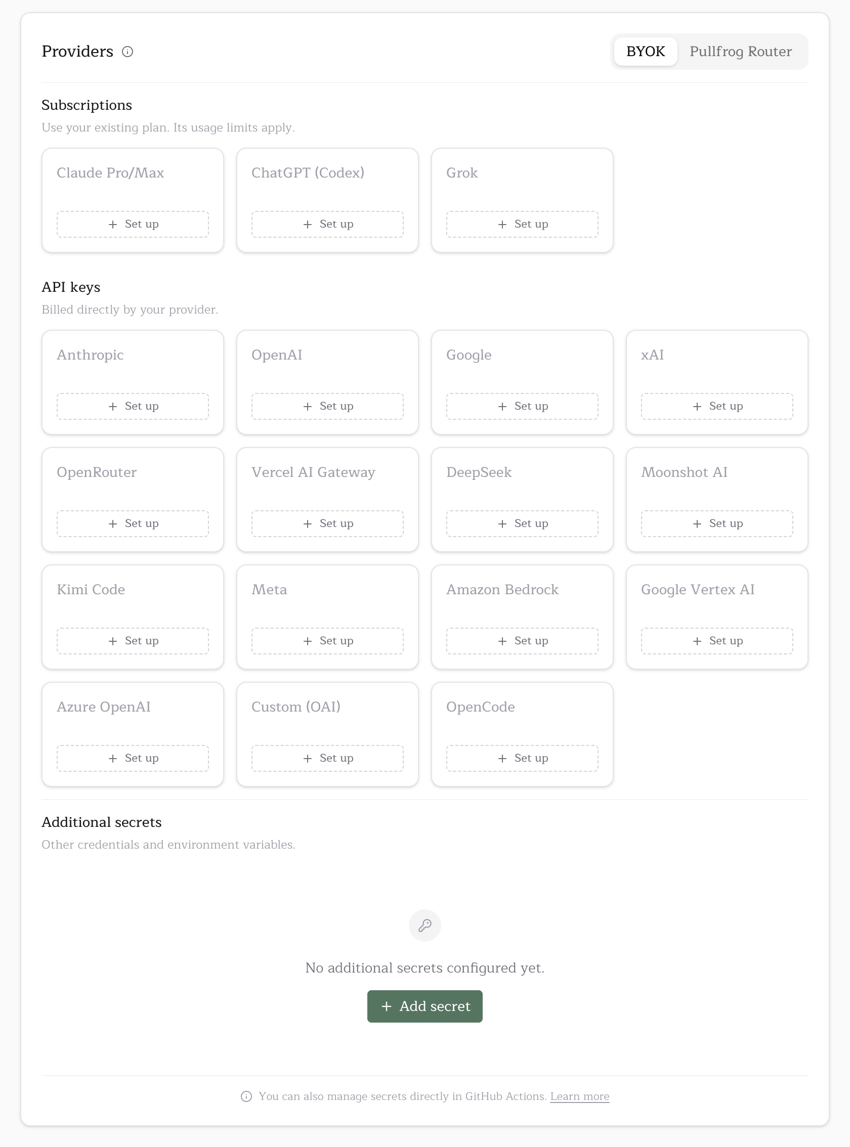 The Providers section of the Billing card on the BYOK tab