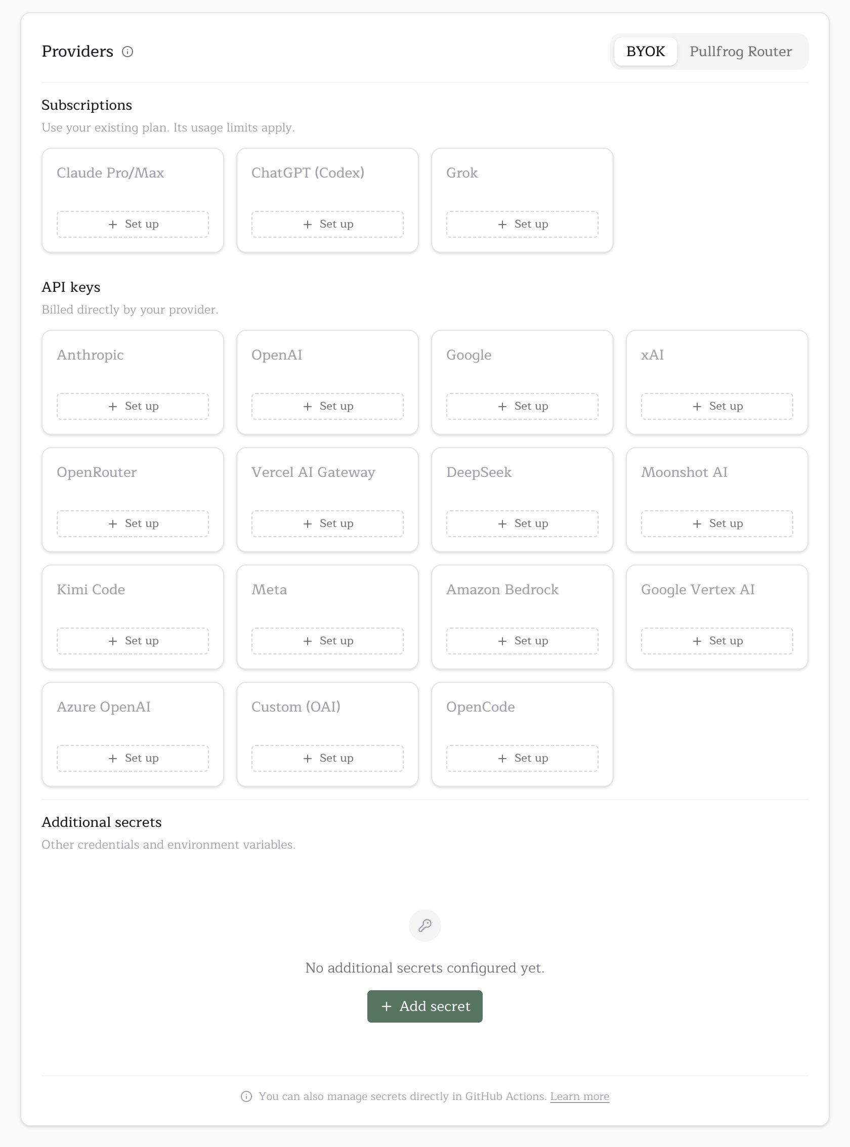 The Providers section of the Billing card on the BYOK tab