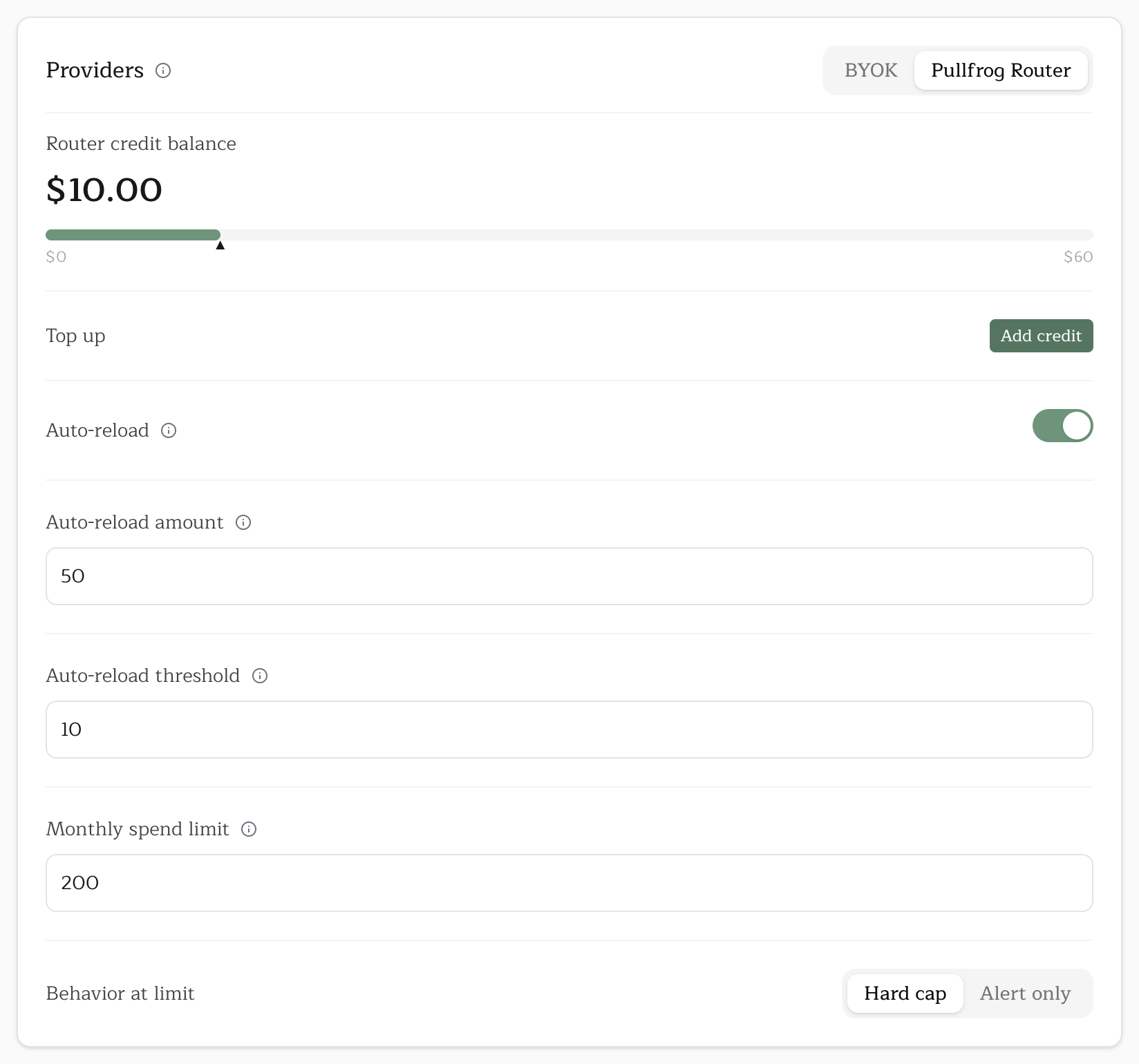 The Providers section of the Billing card on the Pullfrog Router tab