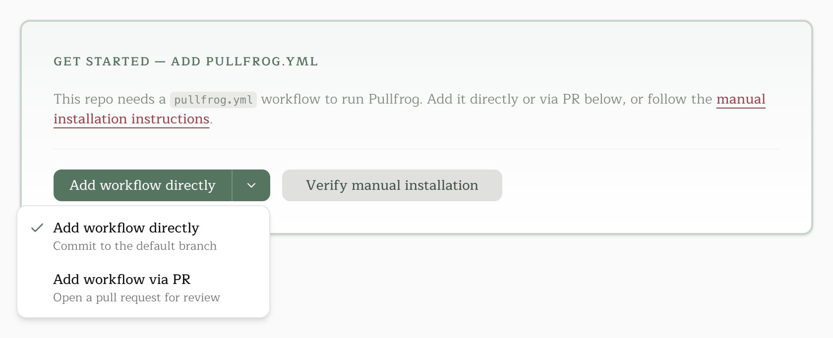The Add workflow directly and Add workflow via PR options on a repository that needs setup