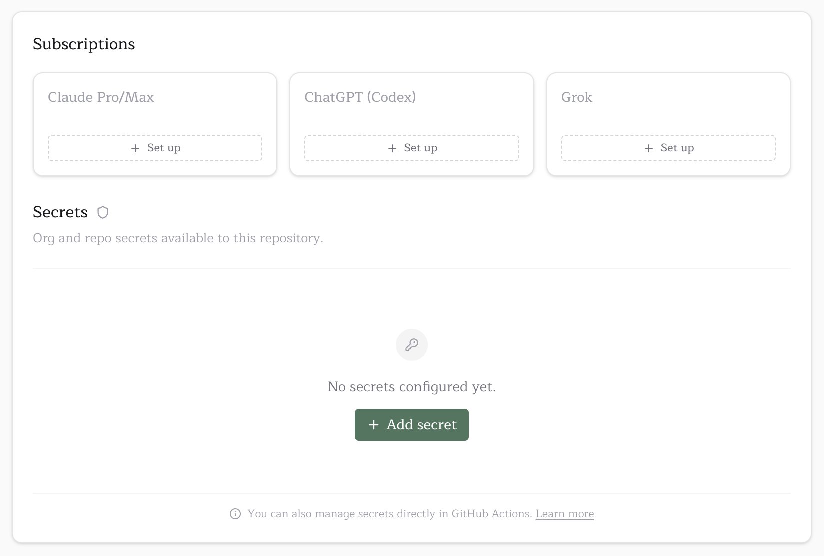 Secrets card on the repo console