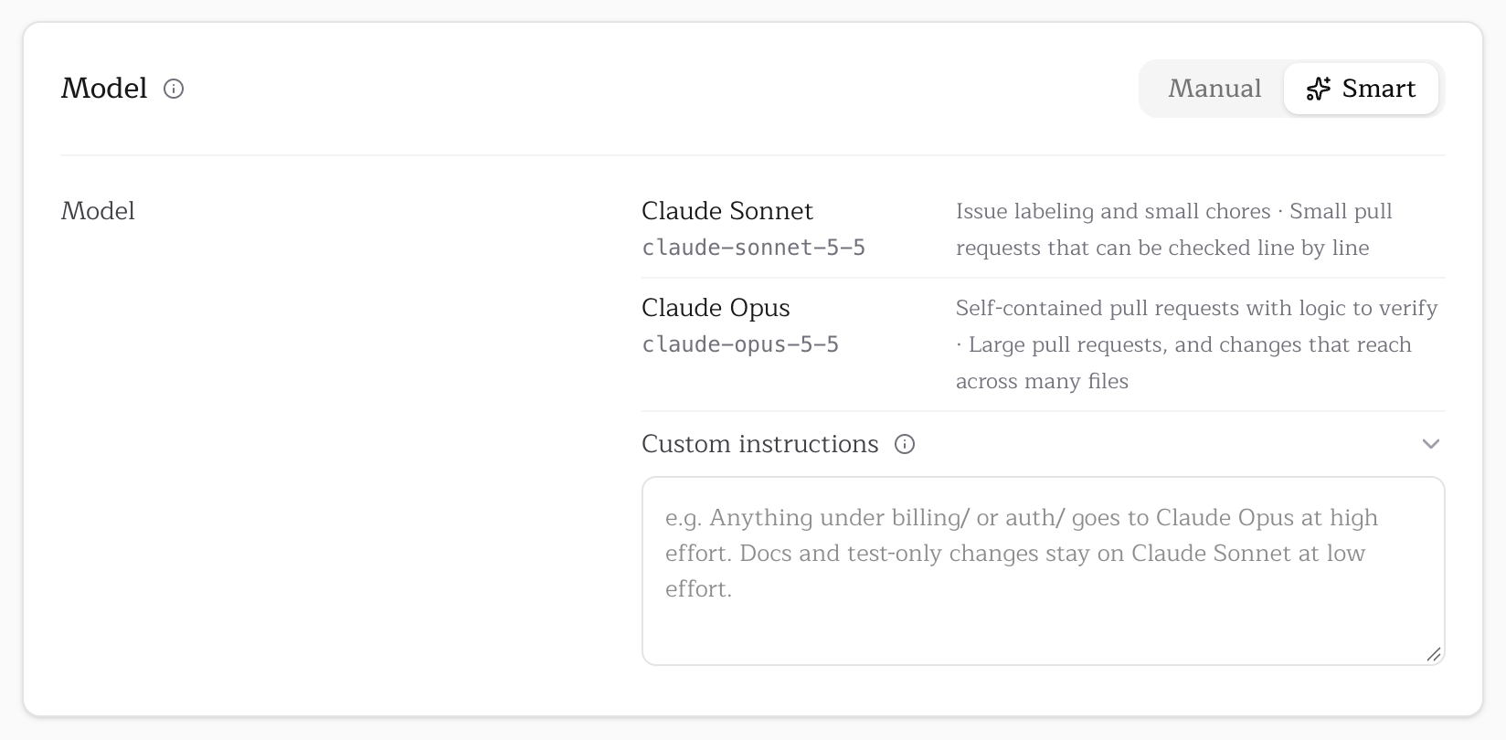 The Smart tab with Custom instructions expanded