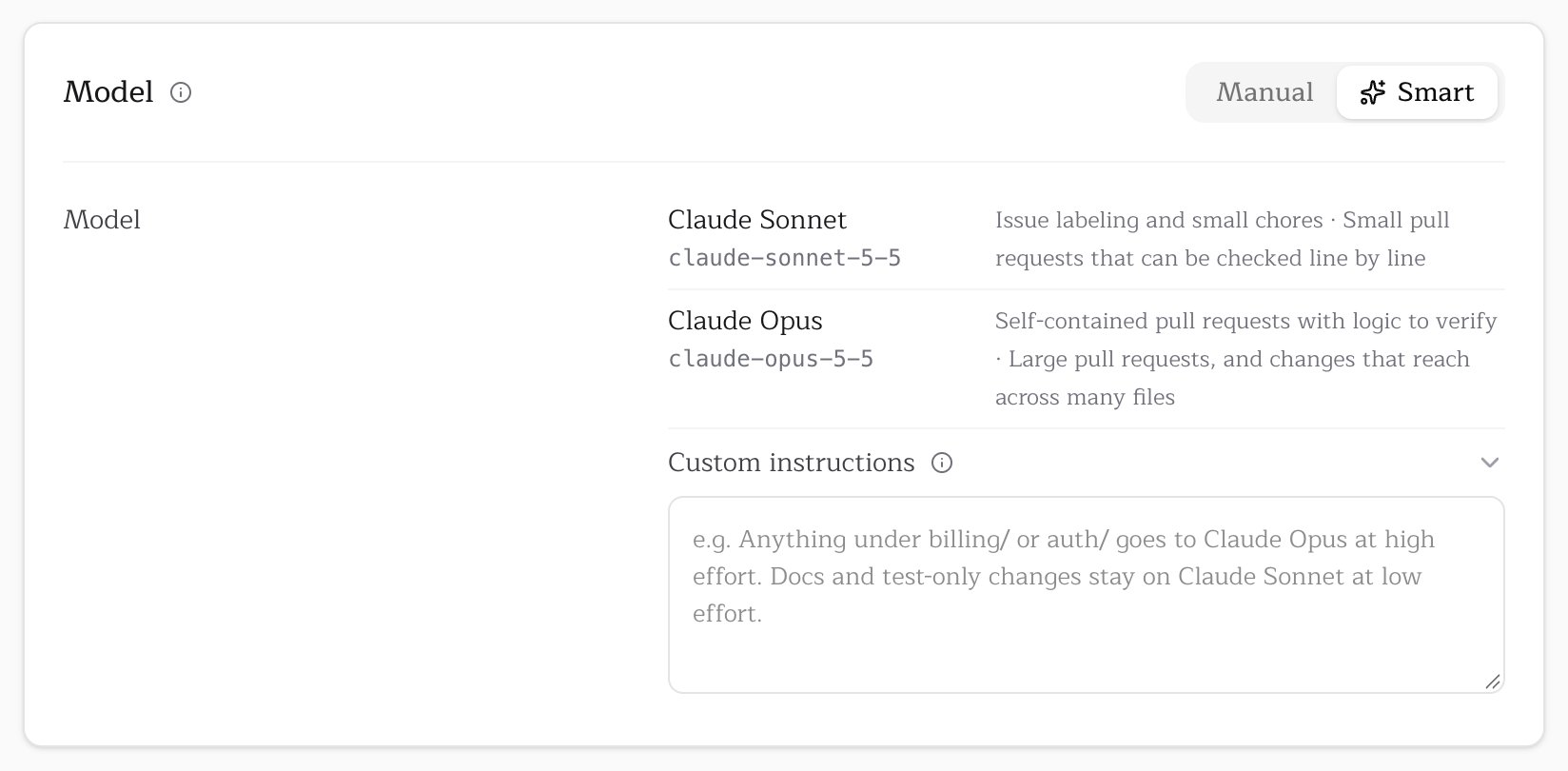 The Smart tab with Custom instructions expanded