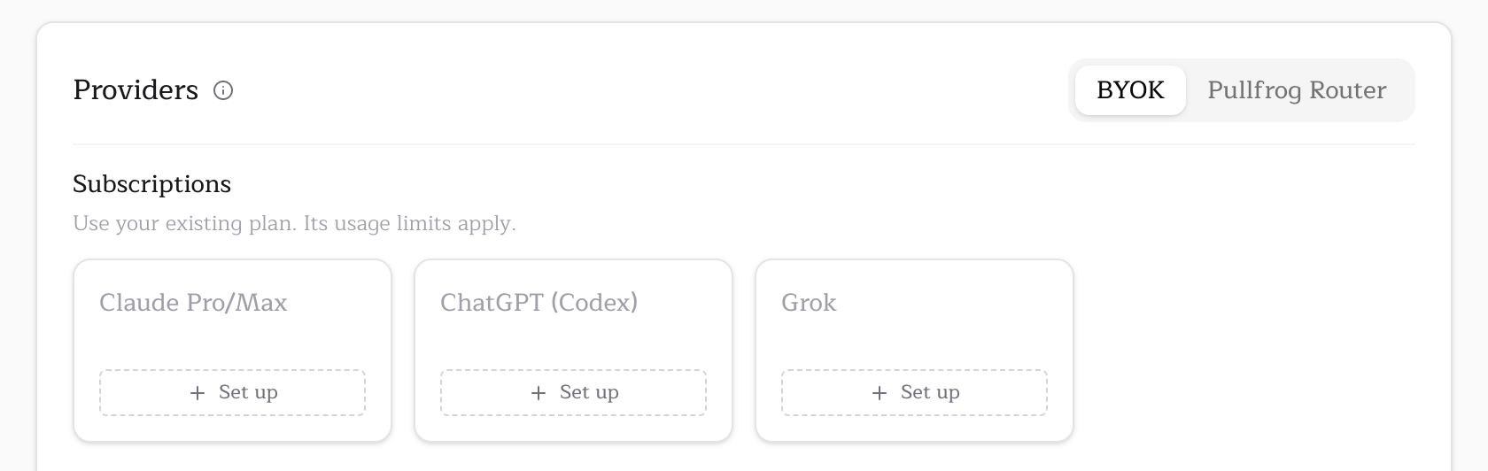 The Subscriptions row of the Providers section: Claude Pro/Max, ChatGPT (Codex) and Grok
