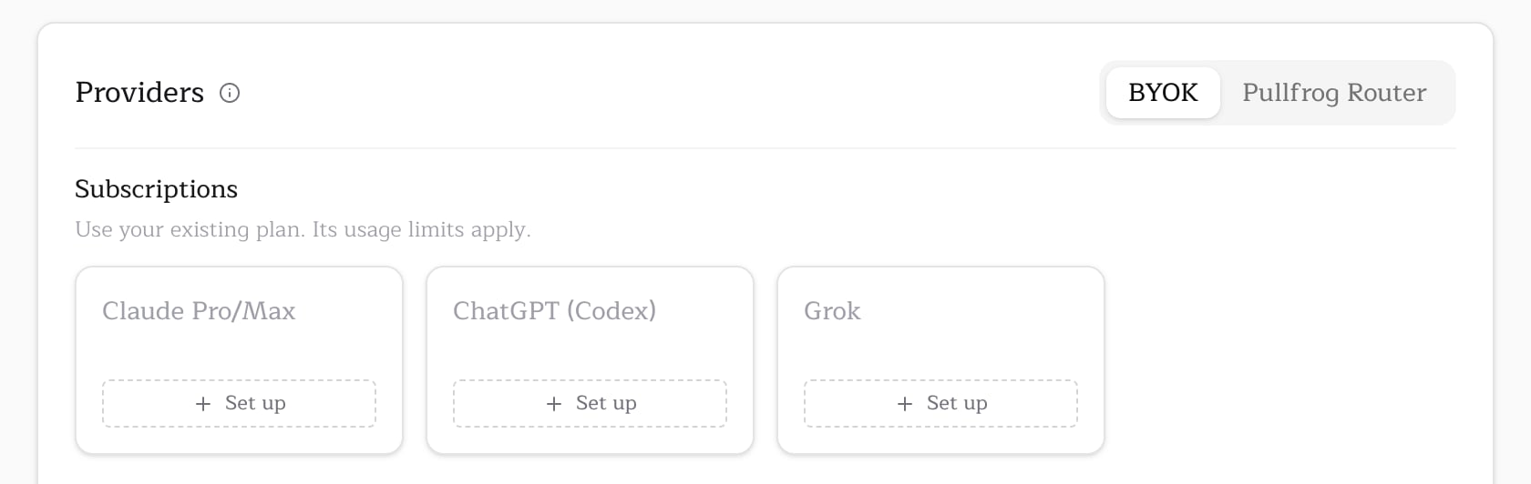 The Subscriptions row of the Providers section: Claude Pro/Max, ChatGPT (Codex) and Grok