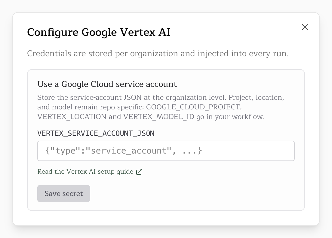 The Configure Google Vertex AI dialog with the VERTEX_SERVICE_ACCOUNT_JSON field