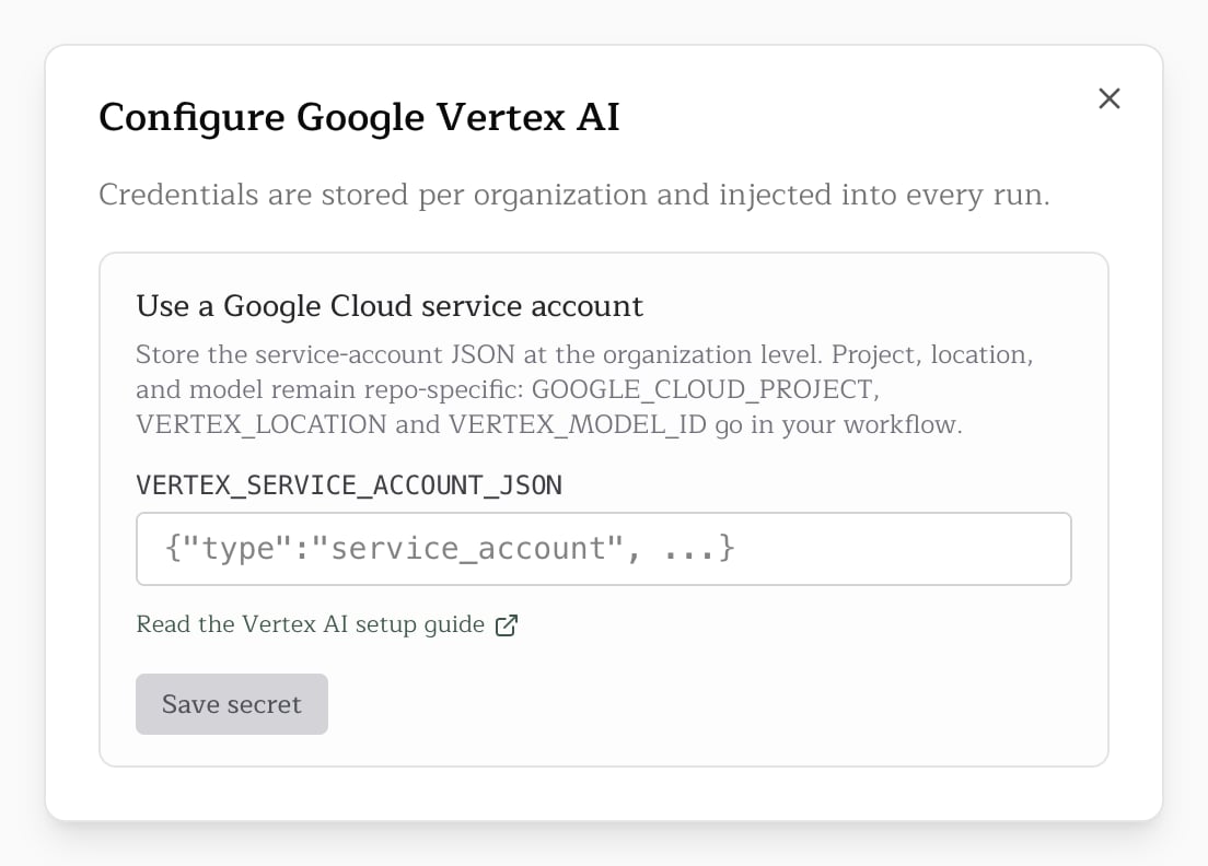 The Configure Google Vertex AI dialog with the VERTEX_SERVICE_ACCOUNT_JSON field