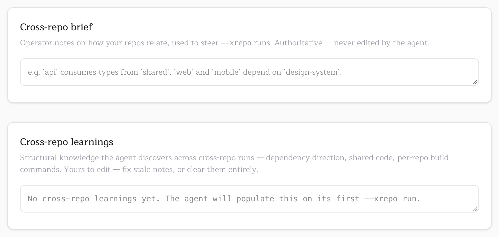 The Cross-repo brief and Cross-repo learnings fields in the organization console