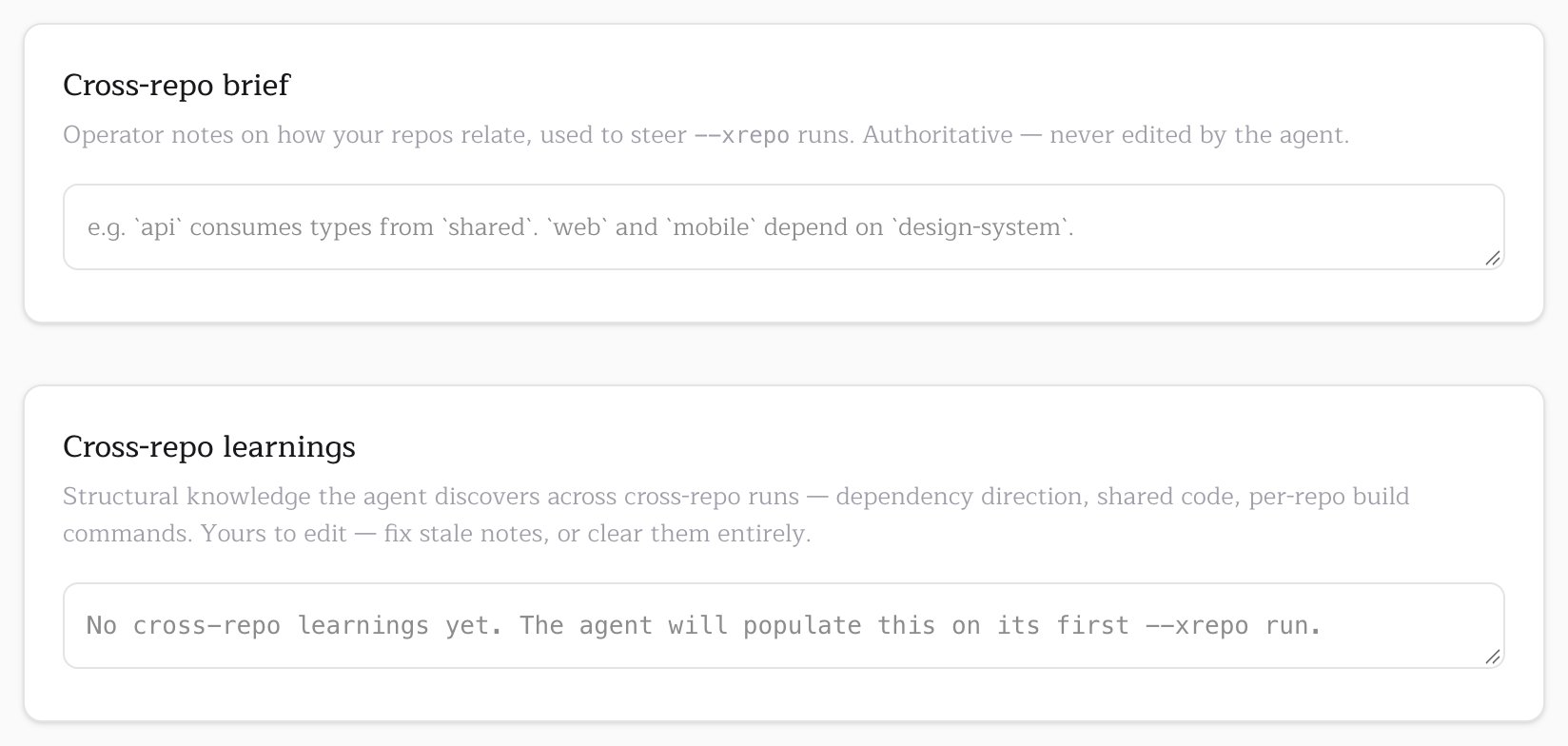 The Cross-repo brief and Cross-repo learnings fields in the organization console