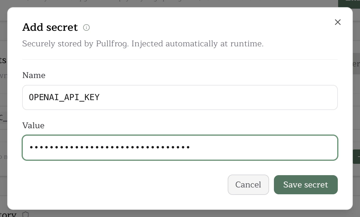 Add secret modal in the Pullfrog console
