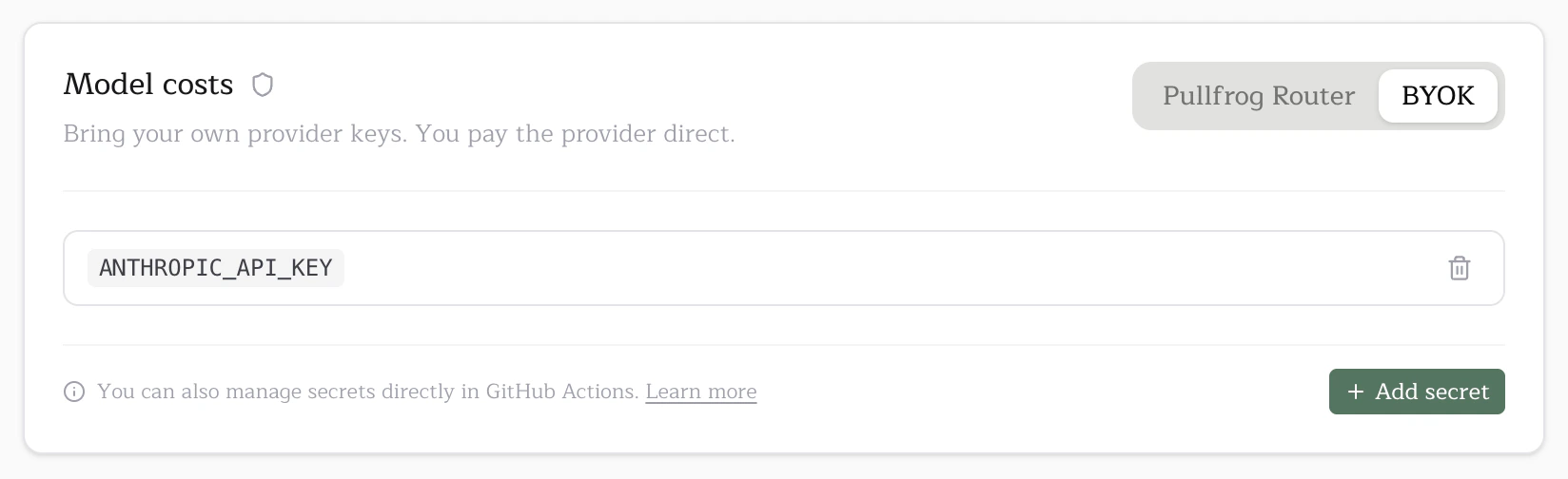 Model costs card on the BYOK tab