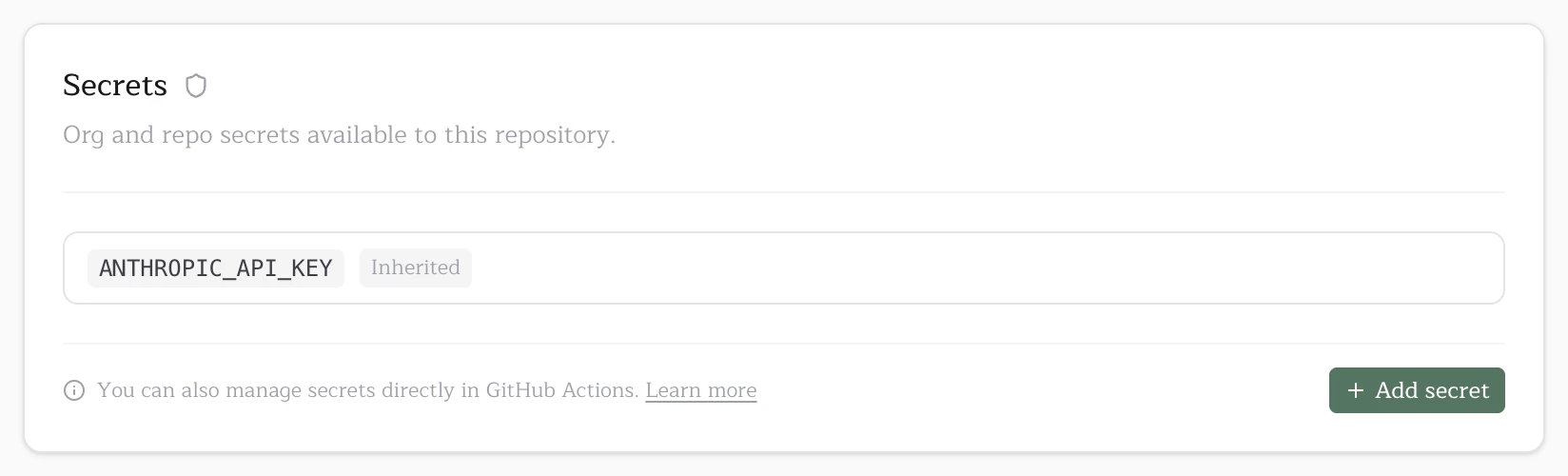 Secrets card on the repo console
