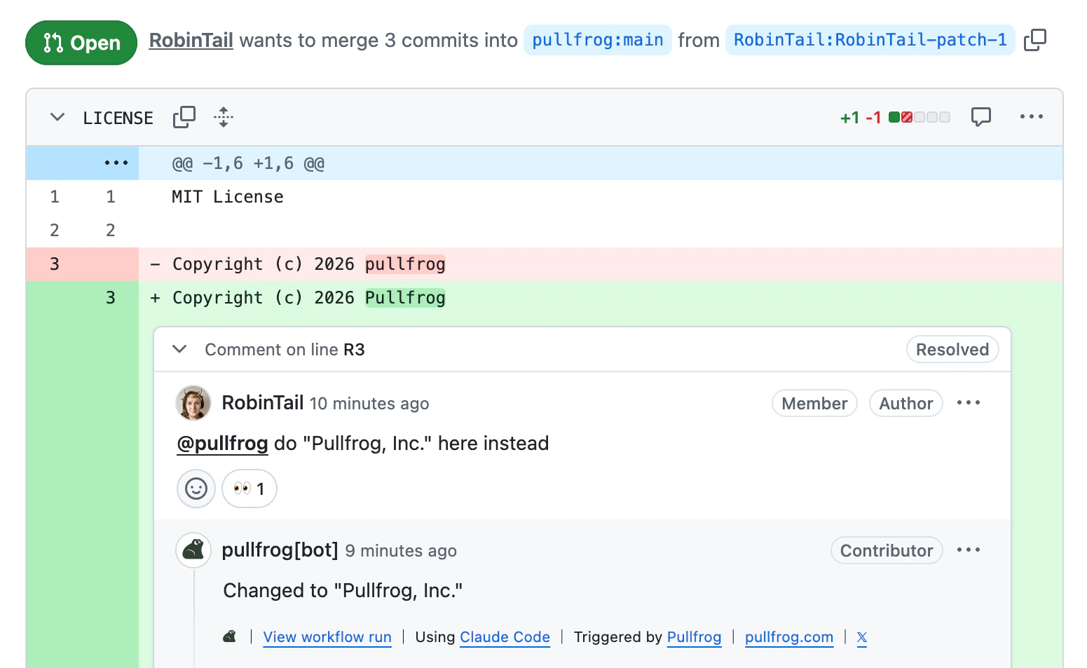 Pullfrog updating an external fork PR