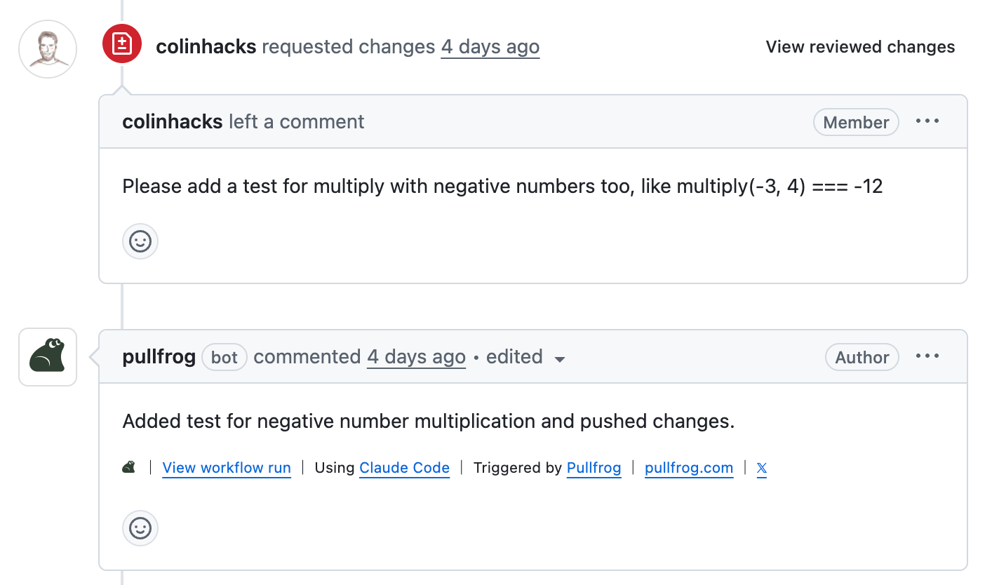PR comment requesting changes