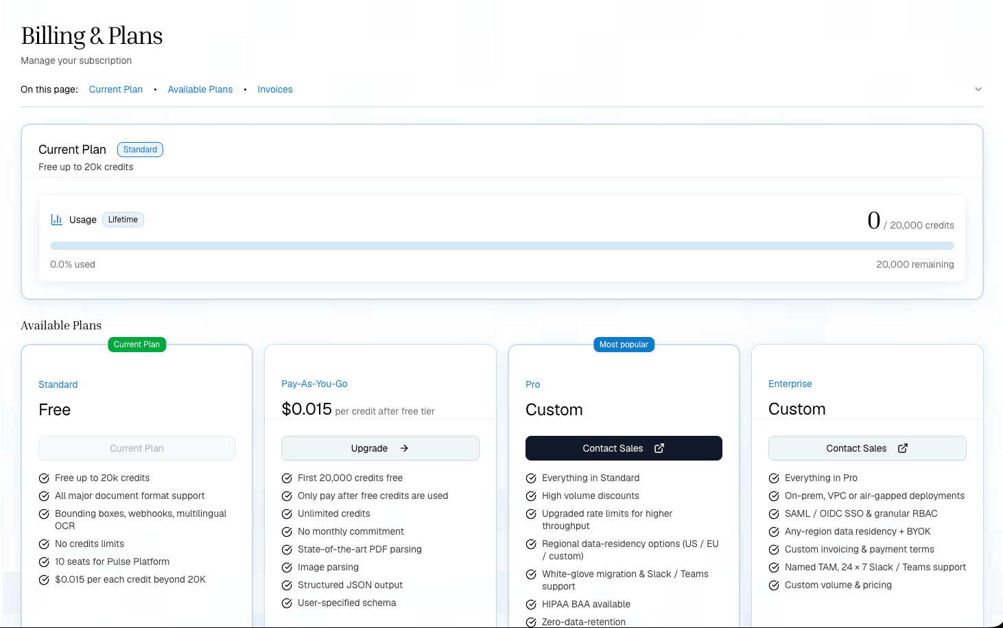 Pulse billing and plans page