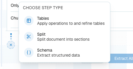Pipeline step menu with Split, Tables, and Schema options