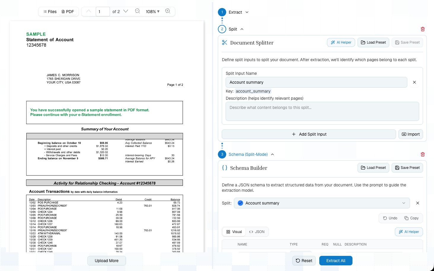 Pulse pipeline configured with Extract, Split, and Schema steps