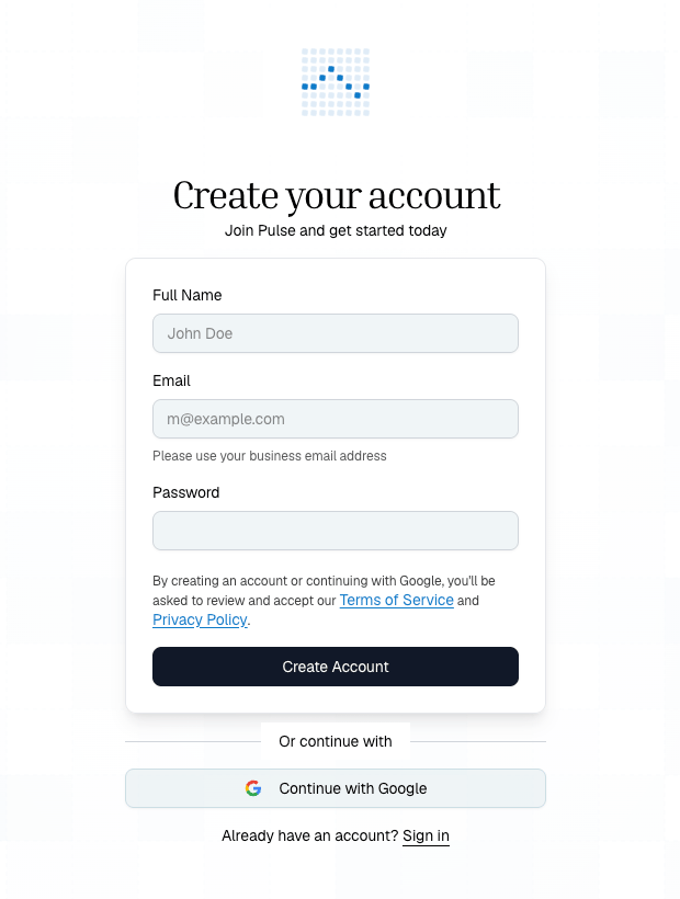 Pulse create account screen